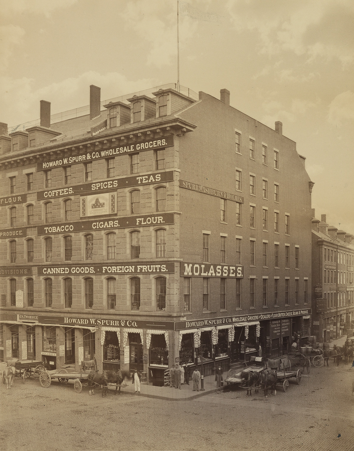 A.H. FOLSOM (1846-1926) A view of Howard W. Spurr & Co. Grocers on the corner of Commercial and South Market Streets, Boston, Massach